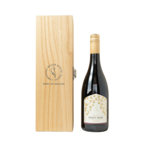 Lympstone Manor Estate Pinot Noir bottle with wooden gift box