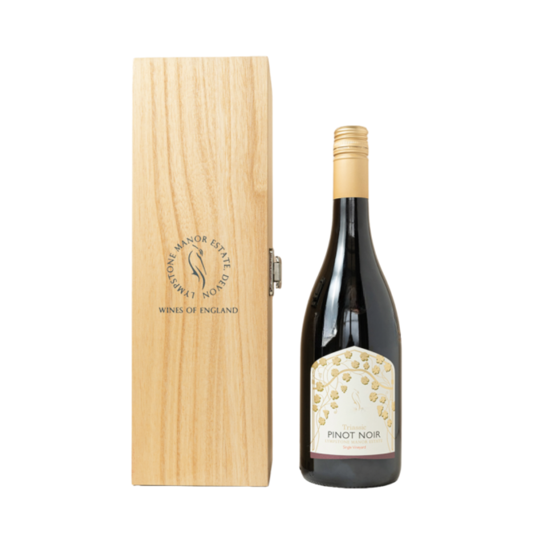 Lympstone Manor Estate Pinot Noir bottle with wooden gift box