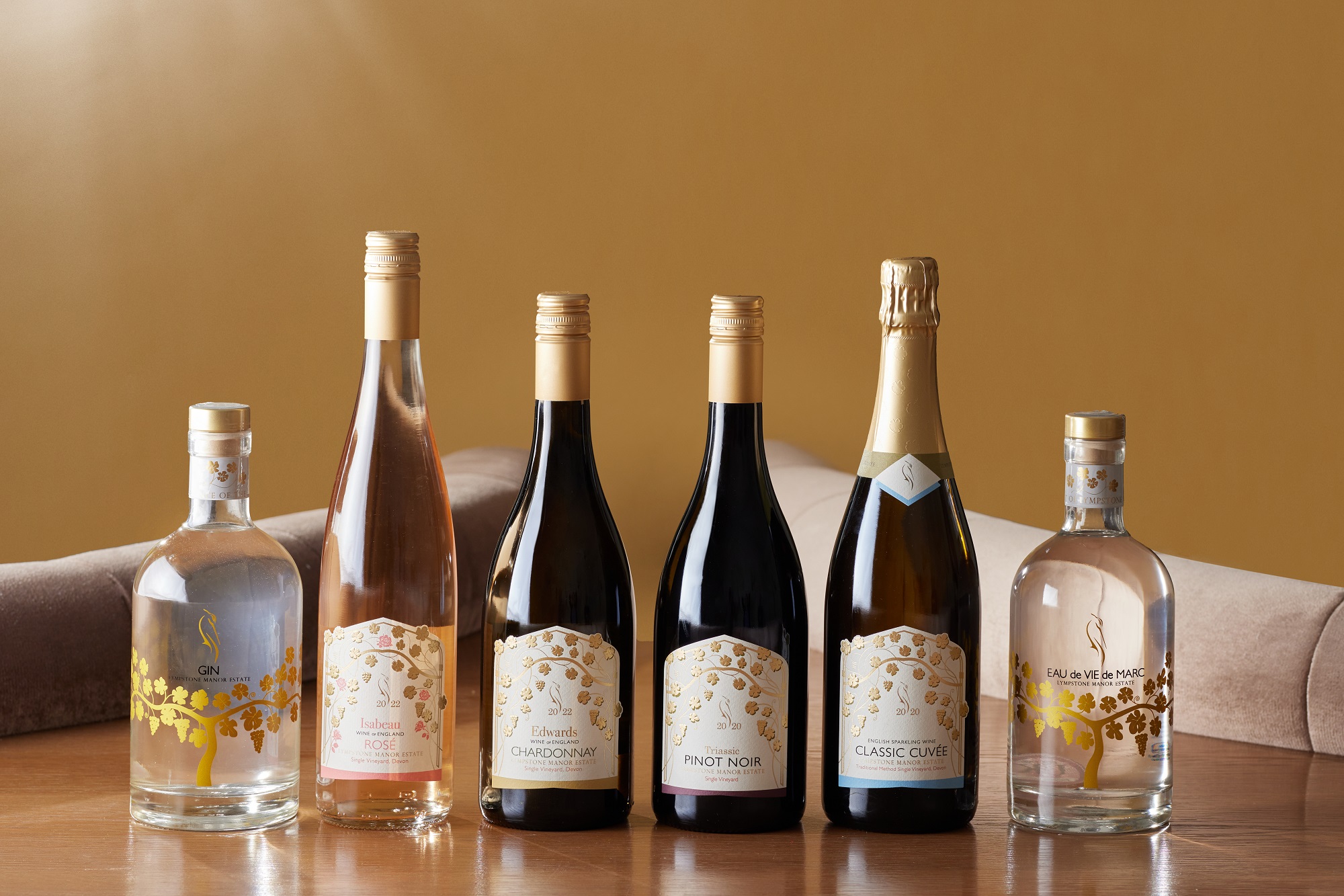 Lympstone Manor Estate wine range including gin and Eau de Vie de Mar displayed in the fine dining restaurant