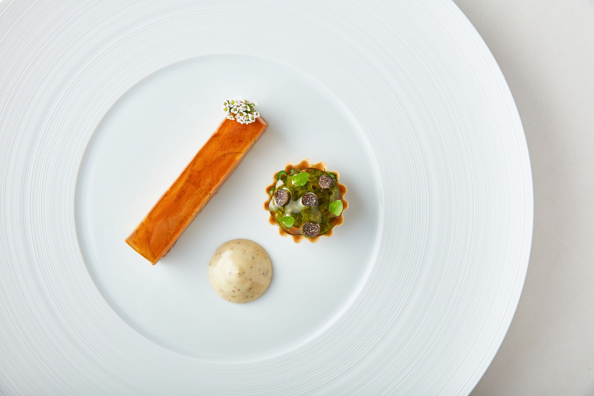 Duck Liver terrine, Maderia Jelly, black truffle mayonnaise, green bean and truffle tartelette - Fine Dining at Lympstone Manor